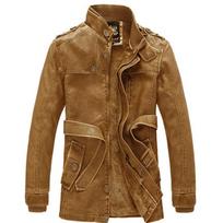 Men's Jacket Biker Trendy Men's PU Leather Jacket M chaki