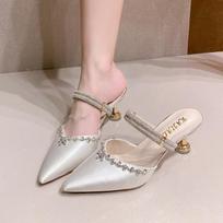 Luxury Silver Crystal Slip On Mules Women 2025 Summer Sexy Pointed Toe Medium Heel Sandals Back Strap Dress Party Shoes 34 balta