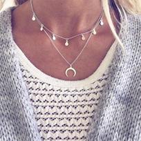 Madingi papuošalai moterims Dvigubo sluoksnio karoliai Mėnulio Apvalus Sluoksniuotas Geometrinis Pakabukas Apykaklė Choker Kaklo grandinėlė Korėjietiška grandinėlė Karoliai sidabras