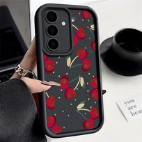 Minkštas matinis telefono dėklas su vyšnių raštu, skirtas Samsung S25 Ultra S24 FE S23 Plus A56 A16 A36 A55 A06 A26 A15 A35 A05, TPU, apsauga nuo objektyvo, smūgiams atsparus viršelis Samsung S25 juoda