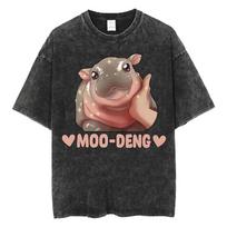 Cute Hippo Moo Deng Rap Vintage Washed T Shirt Funny Meme T Shirts Men Women Fashion Oversized Cotton T-shirt Streetwear M