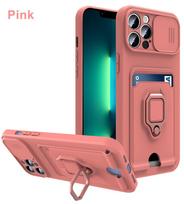 Prabangus slankiojančio objektyvo privatumo apsaugos telefono dėklas iPhone 17 16 E 15 14 13 12 11 Pro Max Plus su magnetiniu žiedu ir kortelių laikiklio dangteliu For iPhone 14Pro rožinė