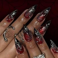 Halloween Press on Nails Almond Fake Nails Spider Acrylic Nails Glossy False Nails Stick on Nails Full Cover Fake Nails