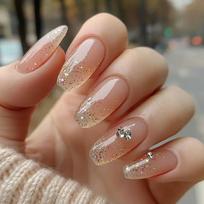24 Pcs Glittering Full Cover Stick on Nail Medium Ballerinas False Nail Rhinestones Press On Nail Elegant Acrylic Nail 1