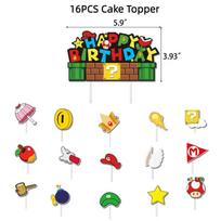 Super Mario gimtadienio šventės dekoracijų rinkinys Animacinių filmukų tematikos vėliavėlės ir torto papuošimai Cake Topper
