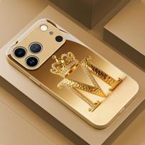 Prabangus auksinės karūnos raidės M rašto metalizuoto dažymo stiklinis telefono dėklas, skirtas iPhone 17 Pro Max 11 12 13 14 15 16 Plus 17 Air 16E Dangtelis iPhone 13 Pro brown