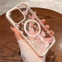 Pink Flower Transparent Case For iPhone 17 16 16E 15 14 13 11 12 Pro Max Plus For Magsafe Magnetic Wireless Charge Phone Cover iPhone Air rožinė