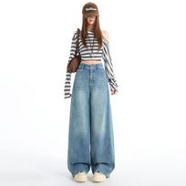 Spring Summer Patchwork Vintage Blue Denim Blue Saber Cut Wide Leg Denim Pants For Ladies Casual Pants Oversize Denim Trousers S