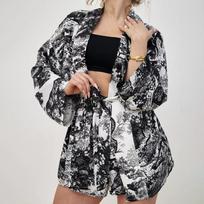 Spring Women's Comfortable Blue Soft Printed Long Sleeve Shorts Pajama Set Cross Border Homewear XL juoda
