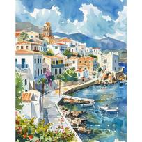 Santorinio drobės tapyba Graikų meno spaudinys Graikijos kelionių kraštovaizdis Akvarelinis plakatas Sienos meno paveikslas svetainei namų dekoravimui 21cm×30cm NoFrame