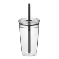 Vandens puodelis su dangteliu ir šiaudeliu 450ML Be BPA Daugkartinio naudojimo puodelis ledinei kavai Skaidrūs plastikiniai gėrimų indai arbatai, kokteiliams 450ML juoda