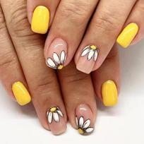 24 Pcs Short Square Press on Nail Yellow False Nail with Flower Patterns Glossy Finish Artificial Nail for Women 1