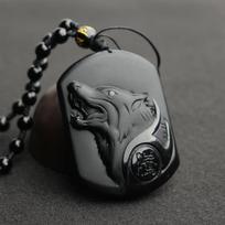Natūralus juodas Obsidianas raižyti vilko galvos amuletas pakabukas Obsidian Blessing Lucky pakabukas juoda