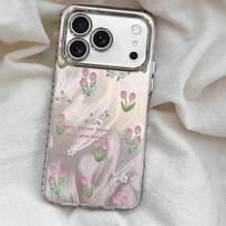 ins wind Korean pink tulip for Apple 17Promax mobile phone case IP16Pro feather yarn IMD15/14 IPhone17ProMax