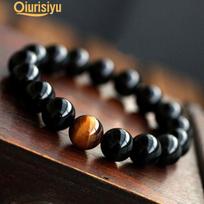 Unisex retro stiliaus papuošalai Agatas Tiger Eye Beads Bangle Apyrankė 10 mm black