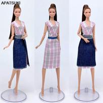 2 vnt./kompl. Madingas drabužių rinkinys lėlei Barbie, apranga, spalvinga languota suknelė ir džinsinis sijonas, 1/6 lėlės aksesuarai, žaislas vaikams įvairiaspalvis