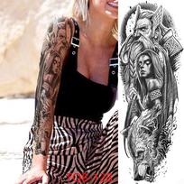 1 PC 480*170MM laikinos tatuiruotės rankovės vyrams, moterys, itin didelis kompasas, vilko galvos akis, netikras liūto dievo plunksnos tatuiruotės visos rankos tatuiruotės lipdukas TQB-128