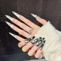 Long Stiletto Press on Nails French Tip Fake Nails False Nails with Designs Reusable Almond Nail Press ons Sparkly Acrylic Artificial Nails for Women XS