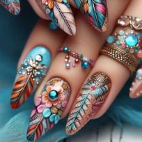 24pcs Medium Almond Press On Nail with Colorful Floral Designs and Rhinestones Details Artificial Nail Winter False Nail 1