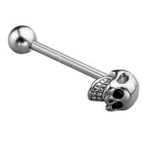 Stainless Steel CZ Gem Skull Silvery Tongue Barbell Ring Bar Body Piercing KTJ juoda