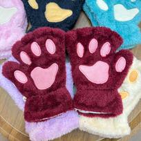 Women's Cute Cat & Bear Paw Fingerless Fleece Gloves One Size violetinė