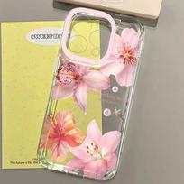 Rožinio lelijo žiedų rašto telefono dėklas, skirtas iPhone 16 15 14 13 12 11Pro Max XR XS MAX 7 8PLUS MINI INS Skaidrus atsparus smūgiams dėklas iPhone 14