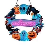Halloween Wooden Door Sign, Black Cat Pumpkin Skeleton Porch Hanging Decor, Waterproof Outdoor Welcome Sign, Ready to Hang Party A