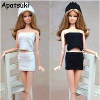 Black White Sweater Strapless Top Clothes Dolls Accessories For Barbie Doll Knitting Soft Wool Can be Weared As Skirt, Top, Hat balta
