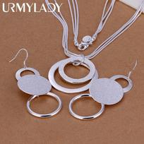 URMYLADY 925 sidabrinės vestuvės kalėdinė dovana retro dvigubas matinis geometrinis pakabukas vėrinys Drop Earrings madingų papuošalų rinkiniai 45cm