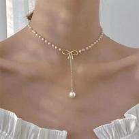 South Korea Style Long Simulated Pearl Zirconia Choker Necklace for Women Gold Temperamental Fairy Sense Neckchain Girls Jewelry auksas