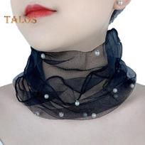 Vienspalvis kaklo apykaklė dirbtiniais perlais dekoro elastingas organza nėrinių šalikas Elegantiškas daugiafunkcis elastinis kaklo įvyniojimas juoda