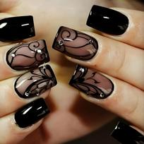 24 Pcs Glossy Medium Square Press On Nails Black Plant Pattern Fake Nails With Rhinestone Design, Shiny Artificial Reusable False Nails Sparkling Diamonds Are Elegant And Casual