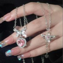 Crystal Angel Wings Heart Pakabukų karolių komplektas Moterų Mergaitės Paprastas Y2K Rožinis Baltas Cirkonas Meilė Elegantiškas karoliai Moterų papuošalų rinkinys