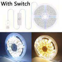 5V USB LED juosta su mygtukiniu jungikliu – Balta/Šiltai balta SMD2835 juosta, Pjaustoma ir lipni, skirta TV foniniam apšvietimui, spintelėms, namų dekorui 1M šilta balta spalva