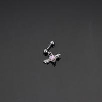 Zircon Heart-shaped Ear Barbell with Sweet and Cool Chain Wings Earrings, Titanium Steel Little Angel Wings Stud Earrings Pink wings - 1 pair