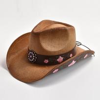 100% Straw Weaving Embroidery Western Cowboy Hat For Men Women Vintage Cowgirl Jazz Hat Panama Beach Sun Hat 56-58cm brown