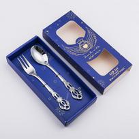 Retro reljefinis desertinis šaukštas šakutė Europos tuščiaviduris kavos šaukštas Creative Cake Fork Auksinis arbatos šaukštas medaus šaukštas su dovanų dėžute blue box sidabras