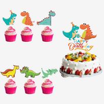 Mėlynas dinozaurų indų rinkinys berniuko gimtadieniui Dinozaurų vakarėliui Vienkartinės popierinės taurės lėkštės Vėliavėlės stalo reikmenys Cake Small Insert 24pc