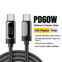 Essager PD 100W USB C skaitmeninio ekrano laidas C tipo į C tipo greito įkrovimo laidas, skirtas iPhone 16 15 Xiaomi Huawei Macbook iPad 1m 60W C-C pilka