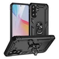 Magnetinis Stovas Kietas PC Telefono Dėklas Samsung Galaxy S25 S24 FE S23 Ultra S22 S21 A16 A55 A35 A15 A54 A34 Prabangus Smūgiams Atsparus Žiedo Laikiklis Bamperio Dangtelis Samsung S25 juoda