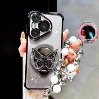 Veidrodinis smūgiams atsparus magnetinis dėklas Huawei Pura 80 70 Ultra P50 P40 P30 Lite Mate 70 Pro, su drugelio formos telefono laikiklio apyranke Huawei Pura 80 juoda