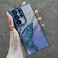 3D Glitter Butterfly Quicksand Case for Samsung Galaxy S25 Edge S24 FE Plus ULTRA A56 A55 A54 A26 A36 A35 A25 Luxury Soft Cover For S24 ULTRA mėlyna