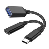 USB C OTG adapteris, 2 viename USB C skirstytuvas su PD10W greitu įkrovimu, C tipo Otg ir USB A moterišku prievadu, nailono pynimo laidas juoda