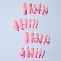24pcs Square Pink French Manicure Fake Nails, Press On Nails,Nail Stickers, 3D Bow And Design, Acrylic Material, Women And Girls Nail Art Supplies rožinė
