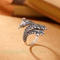 Yin Taifei Silver Phoenix Feather Distressed Unisex Ring - Ethnic Retro Style, Openable. Adjustable Open Size