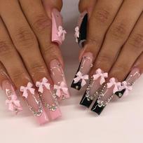 Long Coffin Shape Press On Nails with 3D Bow and Rhinestone Decorations Full Cover False Nail Set for Nail Art Design One Size