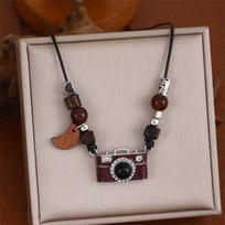 New Fashion Retro Brown Camera PU Leather Long Rope Wooden Pendant Necklace Tiny Clavicle Chain Models