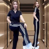 Women Striped Tracksuit 2 Piece Outfit V Neck Short Sleeve Top Wide Leg Pants Set Casual Loose Sport Suit Middle Age Mom Daily Wear L juoda