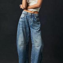 Female Spring High-Stretch Barrel Jeans Baggy Wide-Leg Shape Mid-Waist Denim Jeans XS