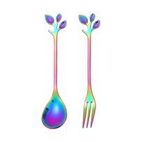 2pcs Stainless Steel Cutlery Set Spoon Small Branch Stirring Coffee Spoon Leaf Fruit Fork Gift įvairiaspalvis